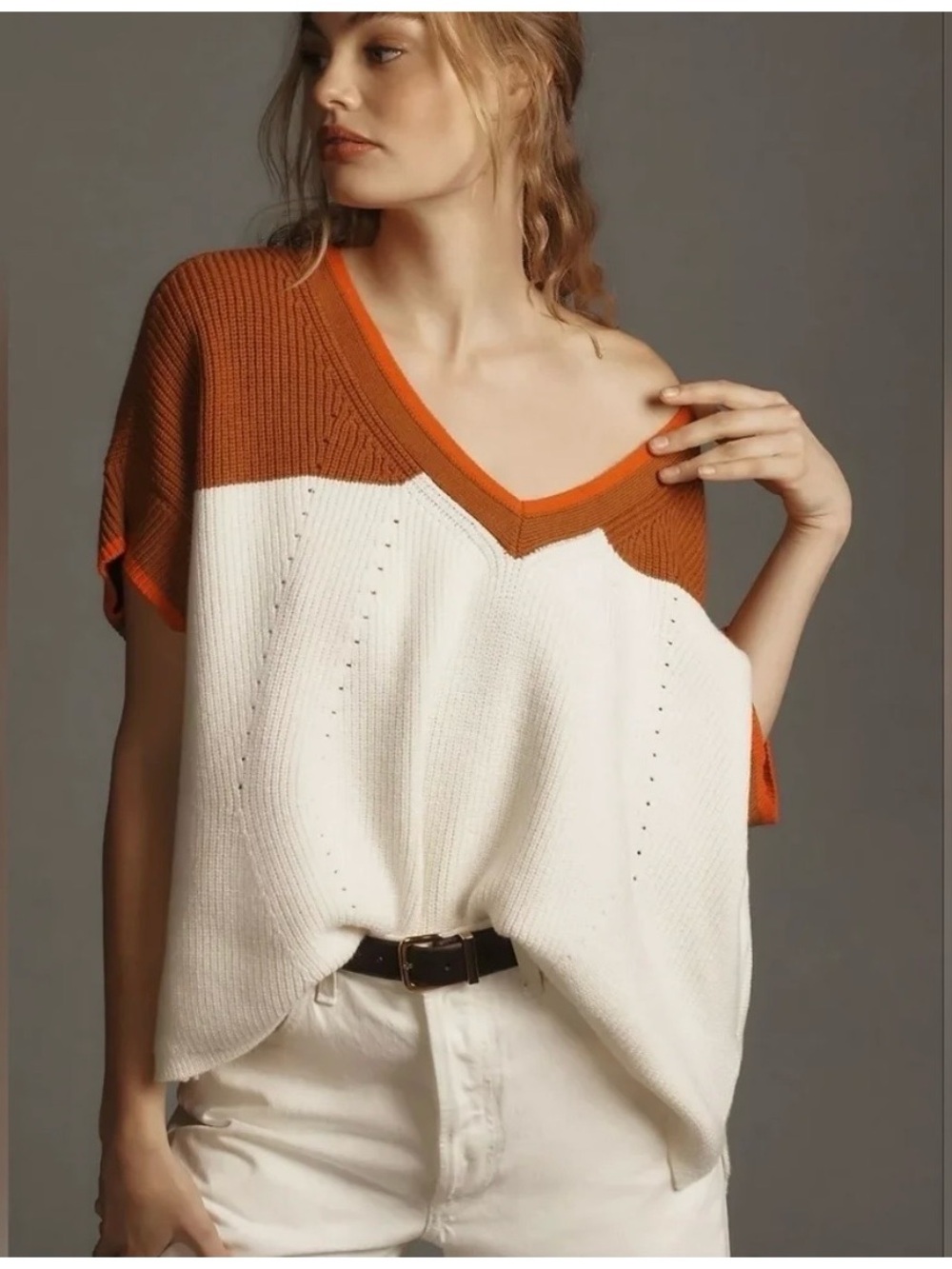 Maeve Rust and Cream Colorblock V-Neck Sweater Top